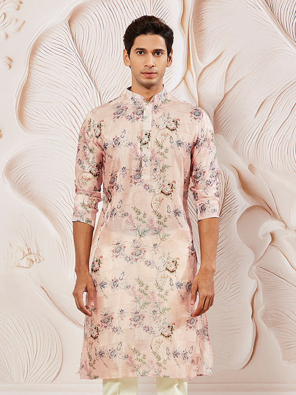 Men's Pink Floral Printed Silk Blend Kurta